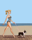 Barbie walking a Boston terrier, boston terrier art, boston terrier gift, dog walker gift, Barbie gift