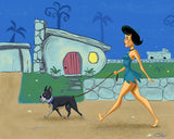 Boston terrier gift, Betty Rubble walking a boston terrier, boston terrier art, Flintstones art, boston terrier wall decor art