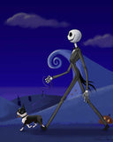 Jack Skellington walking a boston terrier