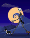 Jack Skellington walking a boston terrier