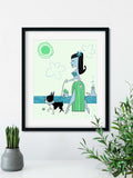 Hula girl walking a boston terrier,boston terrier art,boston terrier gift, dog walker gift,hula gift,mid century modern design, illustration