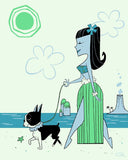 Hula girl walking a boston terrier,boston terrier art,boston terrier gift, dog walker gift,hula gift,mid century modern design, illustration