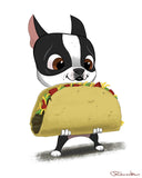 Boston terrier girt, boston terrier art, dog art print, Boston terrier wall art PRINT, Boston terrier decor, boston terrier holding taco