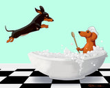 Dachshund Bath Time, dachshund gifts, dachshund lovers, dachshund art print, wall decor, bathroom art wall art print