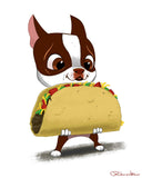 Boston terrier girt, boston terrier art, dog art print, Boston terrier wall art PRINT, Boston terrier decor, boston terrier holding taco