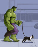Incredible Hulk walking a boston terrier, boston terrier art gift, dog walking art, boston terrier wall art print home decor