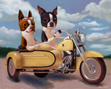 Boston terrier riding a motorcycle, Boston Terrier art gift, dog art gift, home decor, boston terrier motorcycle wall art print, red boston