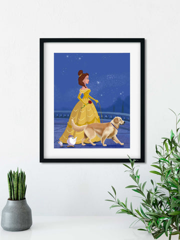 Belle walking a golden retriever, golden retriever art, golden retriever gift, dog walker gift, beauty and the beast gift