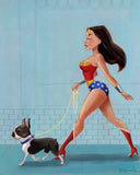 Wonder Woman walking a boston terrier, Boston terrier gift, boston terrier wall art print