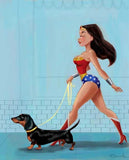 Wonder Woman walking a Dachshund Black and Tan print