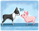 Boston terrier art, boston terrier art print, boston terrier with pig, pig art print, boston terrier gift, boston terrier wall decor