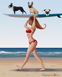Surfer girl walking a boston terrier, french bulldog and pug,surfer art, boston terrier gift, dog walker gift, pug gift, frenchie gift