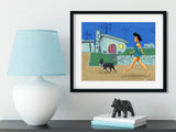 Boston terrier gift, Betty Rubble walking a boston terrier, boston terrier art, Flintstones art, boston terrier wall decor art