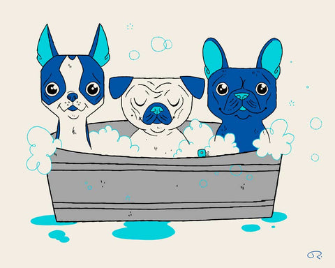 Three dogs in a tub mid century modern style art print
