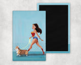 Wonder Woman walking a corgi dog art magnet