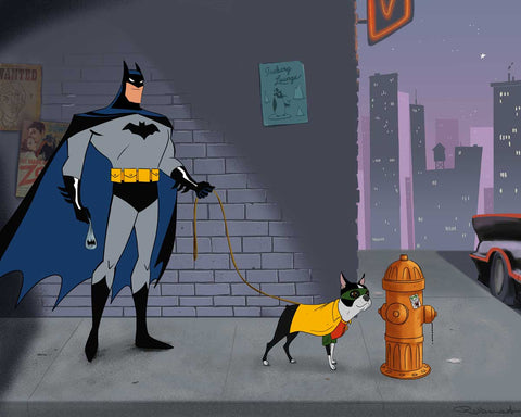 Boston terrier art, Batman art print, Batman walking a boston terrier, boston terrier gift, Batman art