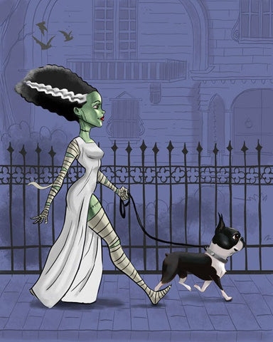 boston terrier art, print bride of Frankenstein, walking a boston terrier, Boston Terrier gift, movie monster, Halloween decor