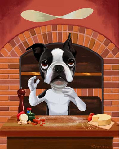 Boston terrier gift, Boston terrier art, Pizza chef, kitchen art - Boston Terrier Dog Art print, boston terrier wall decor