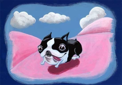Boston terrier gift, boston terrier wall art print, boston terrier art,boston terrier running down a pink hill home decor