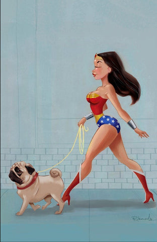 Pug art gift, Pug magnet, Wonder Woman walking a Pug, Wonder Woman gift