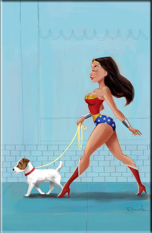 Jack Russell terrier gift, Jack Russell terrier magnet, Wonder Woman walking a Jack Russell terrier, Wonder Woman gift, Parsons terrier