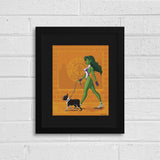 Boston terrier gift, She hulk walking a boston terrier, boston terrier art, Hulk
