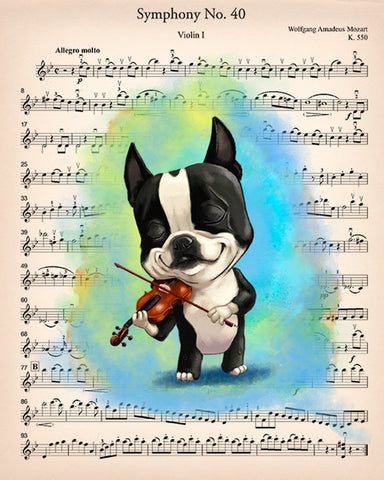 Boston Terrier musician, Boston Terrier gifts, Boston Terrier lovers, boston terrier art print, Mozart boston terrier, violin player