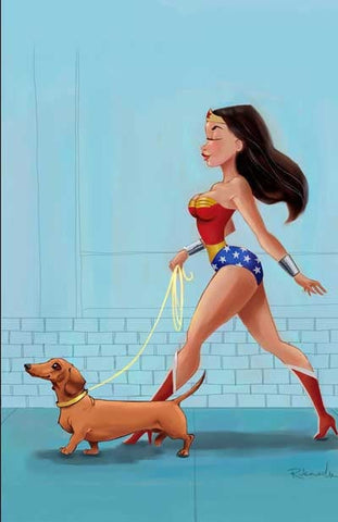 Dachshund art gift, Dachshund magnet, Wonder Woman walking a Dachshund, Wonder Woman gift
