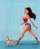 Wonder Woman walking a Chihuahua, Chihuahua gift, dog walking gift, Chihuahua dog art