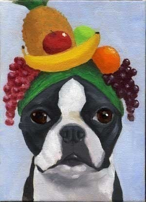Boston terrier dog art gift, boston terrier wearing a fruit hat, boaton terrier art, boston terrier decor