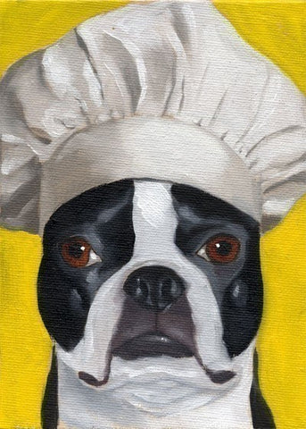 Boston Terrier wearing a chef's hat, Boston terrier chef, Boston terrier kitchen art, Boston terrier gift
