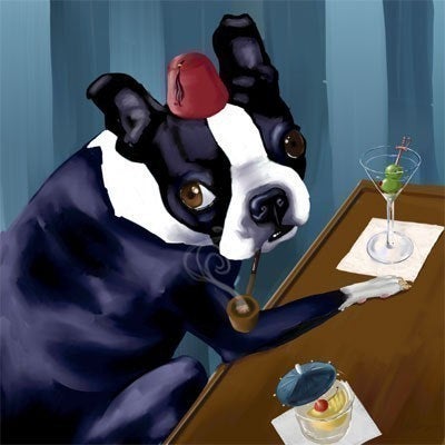 Boston terrier gift, boston terrier art, Boston Terrier print at the bar dog art, bar art, mid century modern art, martini dog