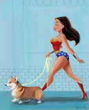 Wonder Woman walking a Corgi, Corgi gift, dog walking gift, Corgi dog art, Corgi wall art print, home wall decor