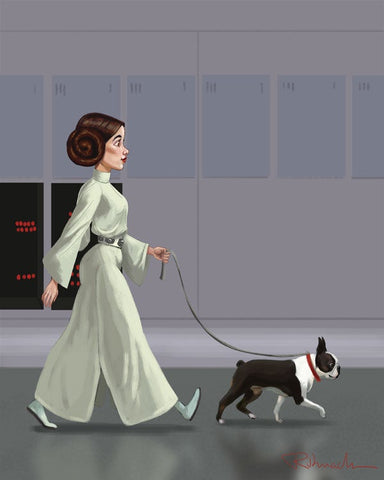 Princess Leia walking a Boston Terrier, Boston terrier gift, Boston terrier art print, Star wars art, wall decor