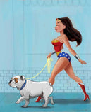 Wonder Woman walking a English Bulldog, Bulldog art, bulldog gift, dog walker gift, wonder woman gift