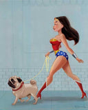 Canvas wall art Wonder Woman walking Pug, Pug wall decor, Pug gift, Wonder Woman walking dog wall art gift
