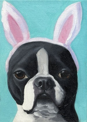 Boston Terrier Wearing rabbit ears, boston terrier gift, boston terrier wall art print decor, boston terrier easter bunny