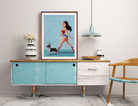 Wonder Woman walking a boston terrier, Boston terrier gift, boston terrier wall art print