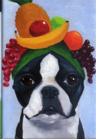Boston terrier wearing fruit hat dog art magnet, Boston terrier gift, boston terrier magnet, boston terrier art