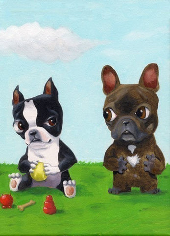 Boston terrier hoarding toys from a frenchie dog art magnet, french bulldog and boston terrier gift, boston terrier gift, kitchen decor