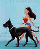 Wonder Woman walking a Great Dane print, Great Dane gift, great dane wall art print, dog art, great dane art