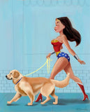 Golden Retriever gift, Wonder Woman walking a Golden Retriever, Golden Retriever wall art print, wonder woman print, dog art decor