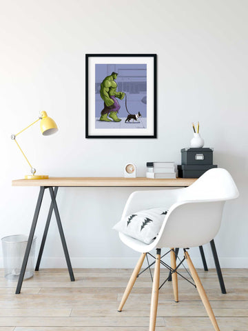 Incredible Hulk walking a boston terrier, boston terrier art gift, dog walking art, boston terrier wall art print home decor