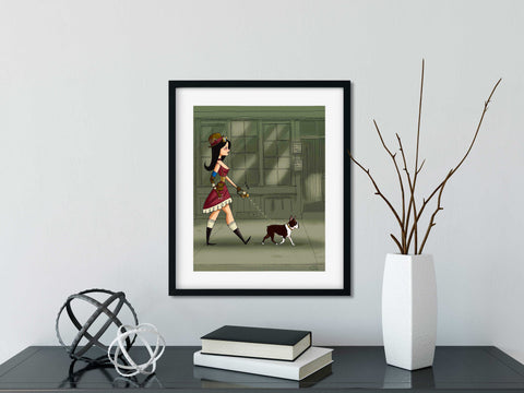 Steampunk girl walking a boston terrier, Boston terrier gift, boston terrier wall art print, steampunk wall art
