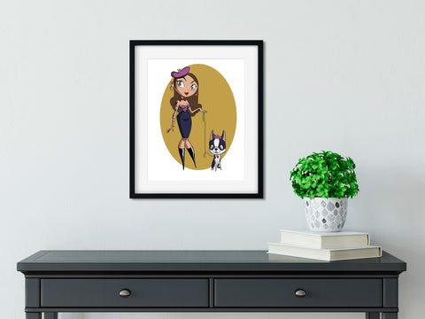 fashion girl with a boston terrier,boston terrier art,boston terrier gift, dog walker gift,girl gift, modern design, illustration