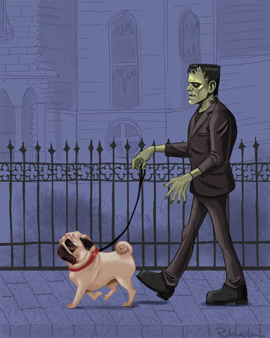 Pug art, print, frankenstein monster, bride of Frankenstein, walking a pug, Halloween decor, pug gift