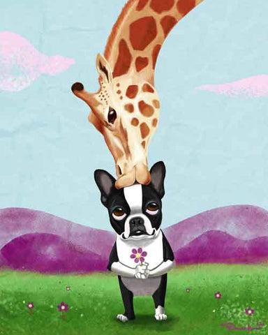 Boston Terrier and Giraffe Dog Art Print, Boston terrier gift, boston terrier decor, boston terrier art, Giraffe art