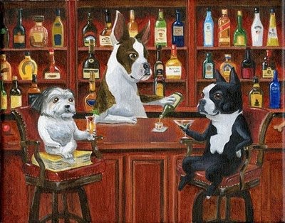 Boston Terrier, Great Dane and Shih Tzu at the bar dog art print, Boston Terrier gift, Great Dane gift