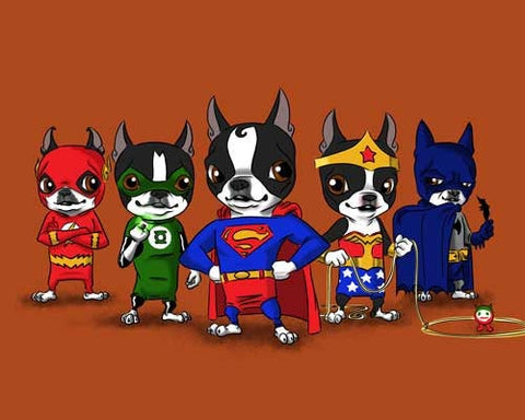 Boston Terrier Justice League dog art print