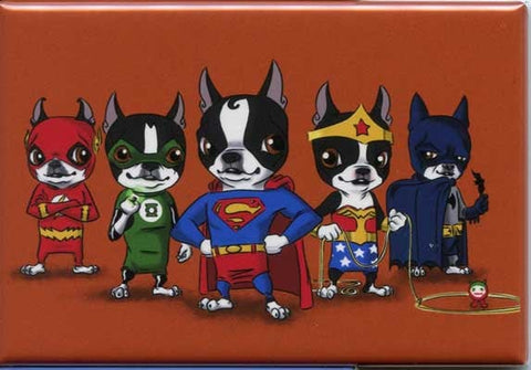 Boston terrier gift, Boston Terrier dog art justice league Hero magnet, boston terrier super hero art